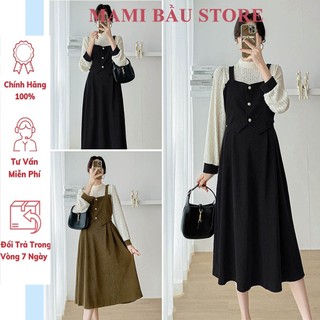 Set đầm váy bầu liền thân tiểu thư sang chảnh - đầm bầu thu đông chất tổ ong siêu đẹp mặc trước và sau sinh