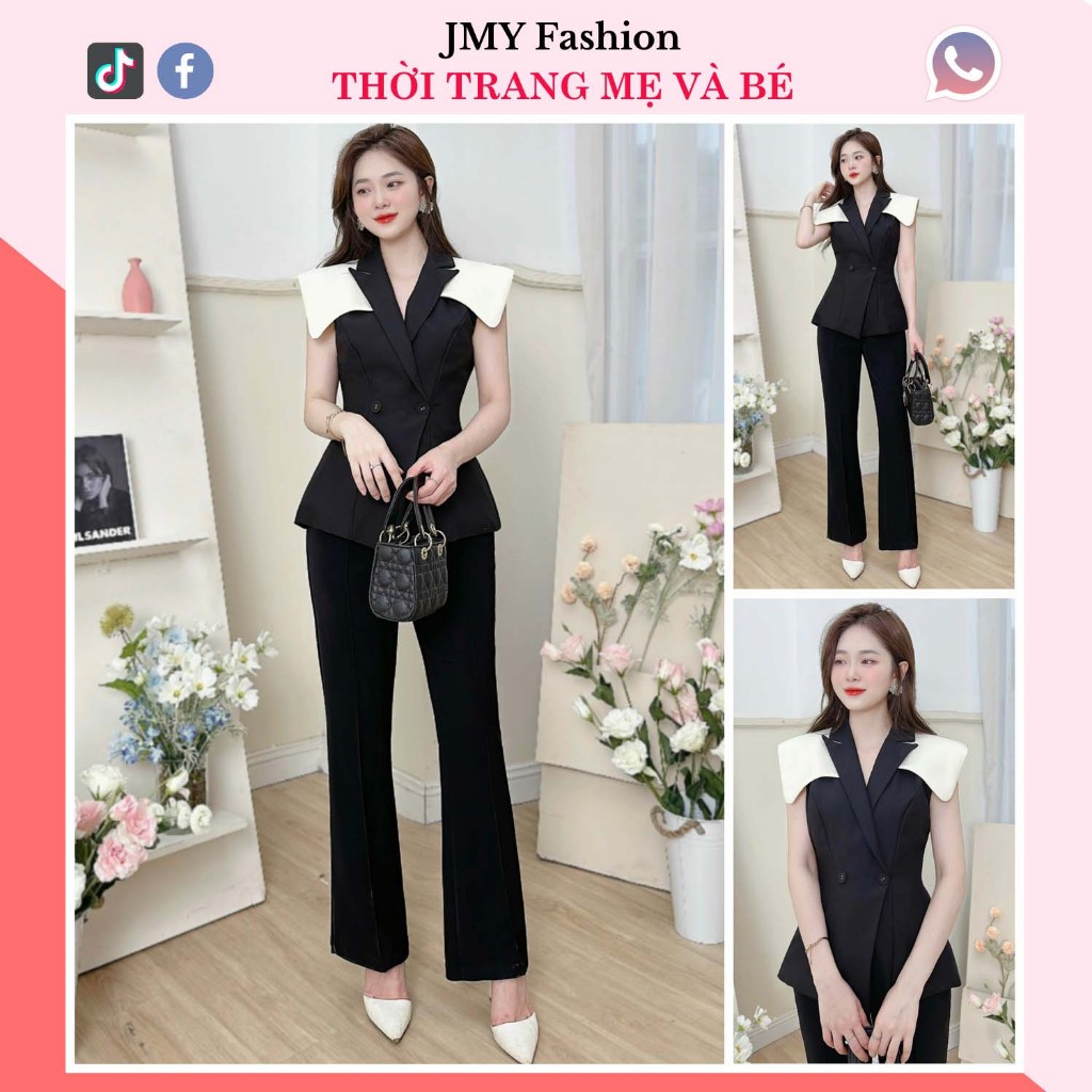 áo vest đen dáng A, quần đen ống loe sang chảnh