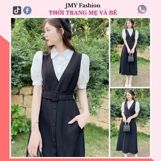 V380 Váy yếm đen sơ mi trắng nữ tính [TH Hà Thanh] (tặng kèm đai rời) đầm sơ mi đen trắng tiểu thư