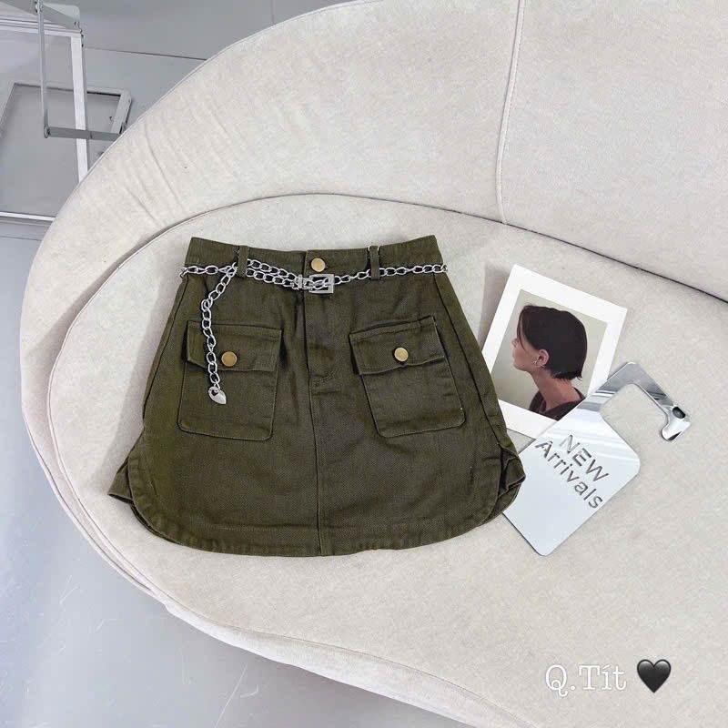 Váy Kaki vạt bầu thắt lưng xích hottrend