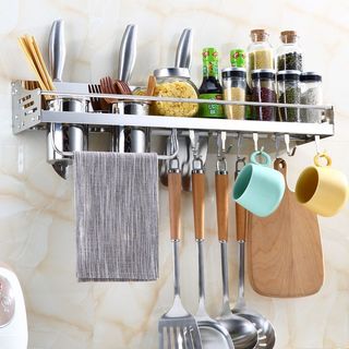 Kệ Bếp Treo Tường Cài Dao Kéo Inox 304, Kệ Treo Dao Kéo Có Ống Đũa Móc Treo Khăn Tiện Ích MKS073