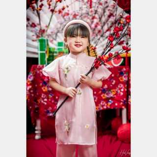 Áo dài cách tân cho bé gái mặc Tết AD3 thiết kế tay bồng size đại từ 14-45kg