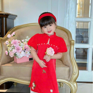 Áo dài cách tân cho bé gái mặc Tết AD3 thiết kế tay bồng size đại từ 14-45kg