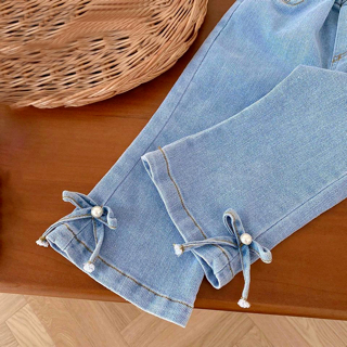 Quần bò cho bé gái C14 thiết kế ống loe đính nơ size đại 14-45kg