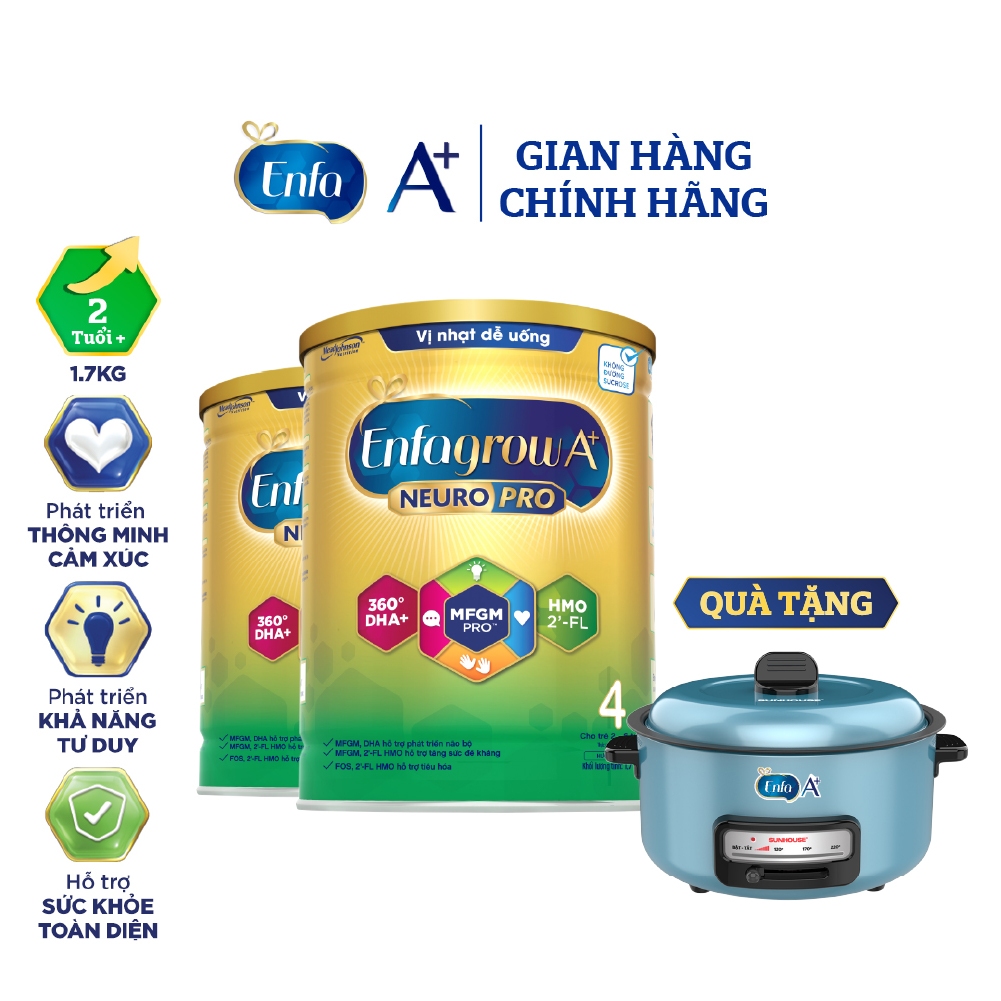 [Tặng lẩu điện Sunhouse] Bộ 2 hộp sữa bột Enfagrow A+ Neuropro 4 Vị nhạt dễ uống - 1.7kg/lon