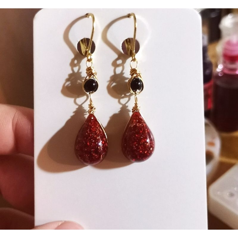 Khuyên Tai Hình Giọt Nước Màu Đỏ Retro Handmade