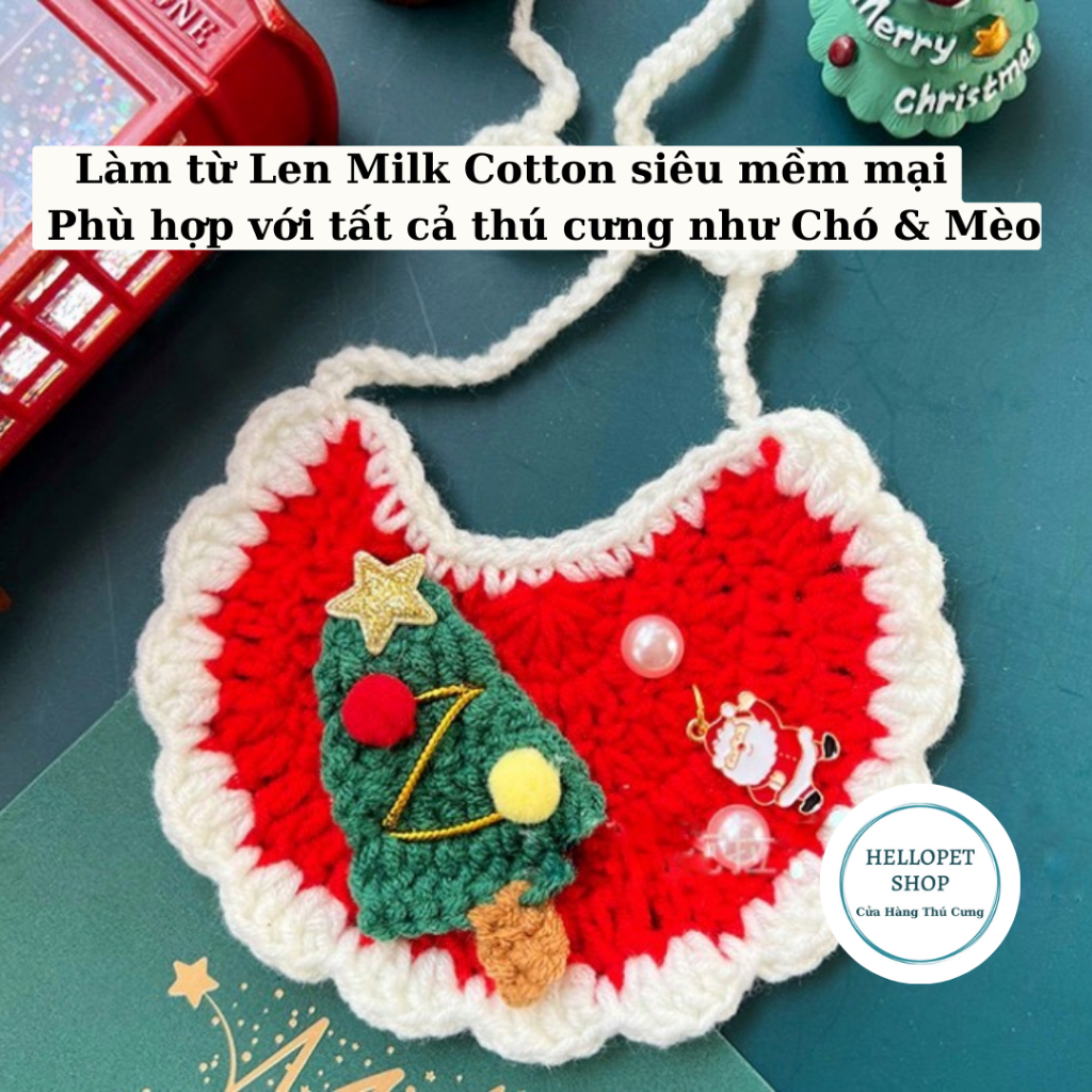 Yếm len giáng sinh cho chó mèo, Vòng cổ len hình cây thông tuần lộc mềm mại không xù có gắn charm cho thú cưng đủ size