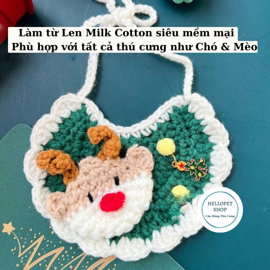 Yếm len giáng sinh cho chó mèo, Vòng cổ len hình cây thông tuần lộc mềm mại không xù có gắn charm cho thú cưng đủ size