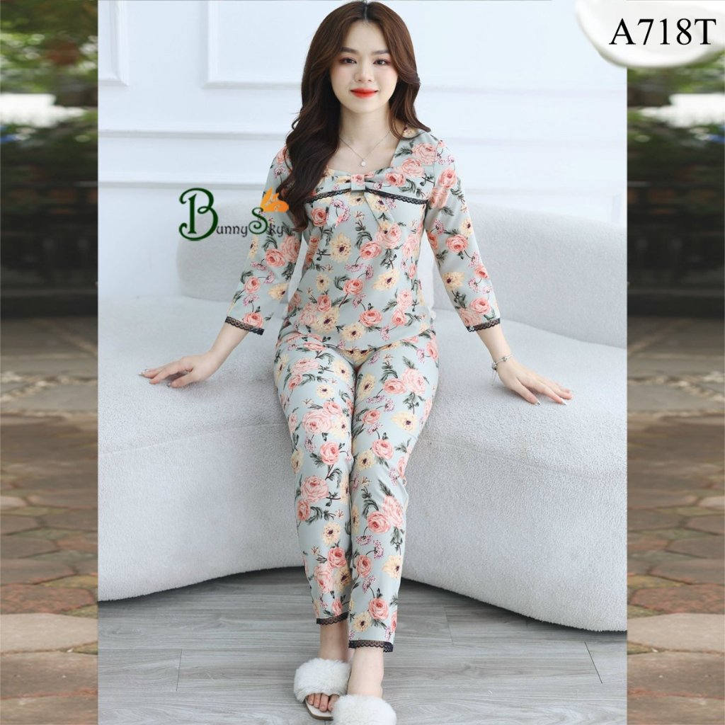 Đồ bộ mặc nhà cổ vuông thu đông siêu dễ thương thoải mái, quần  áo nữ siêu xinh