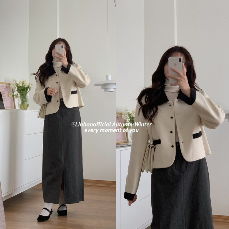 Áo dạ cổ pha I MISS LINENE full pack 60223 // Hàng có sẵn 🇰🇷