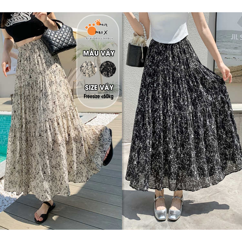 (Hàng Quảng Châu) Chân váy hoa nhí Minmax House chất vải voan nhăn cạp chun dáng xoè hàng QC