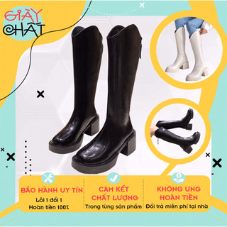 Bốt đùi cổ V chất da mềm mũi tròn đế cao 5p, Bốt nữ cổ cao mũi tròn đế vuông thời trang thu đông mẫu mới