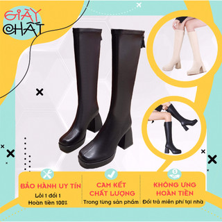 Bốt đùi đế đúp gót vuông chất da lì mềm, Bốt nữ cổ cao đế 7p thời trang thu đông mẫu mới