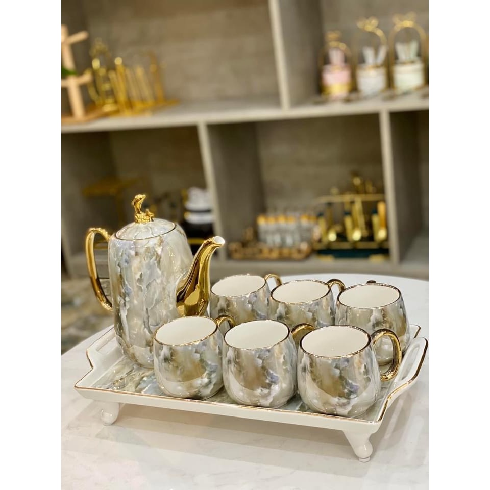 Ấm chén pha trà màu vân đá. bộ tách trà màu vân ghi. ấm chén pha trà