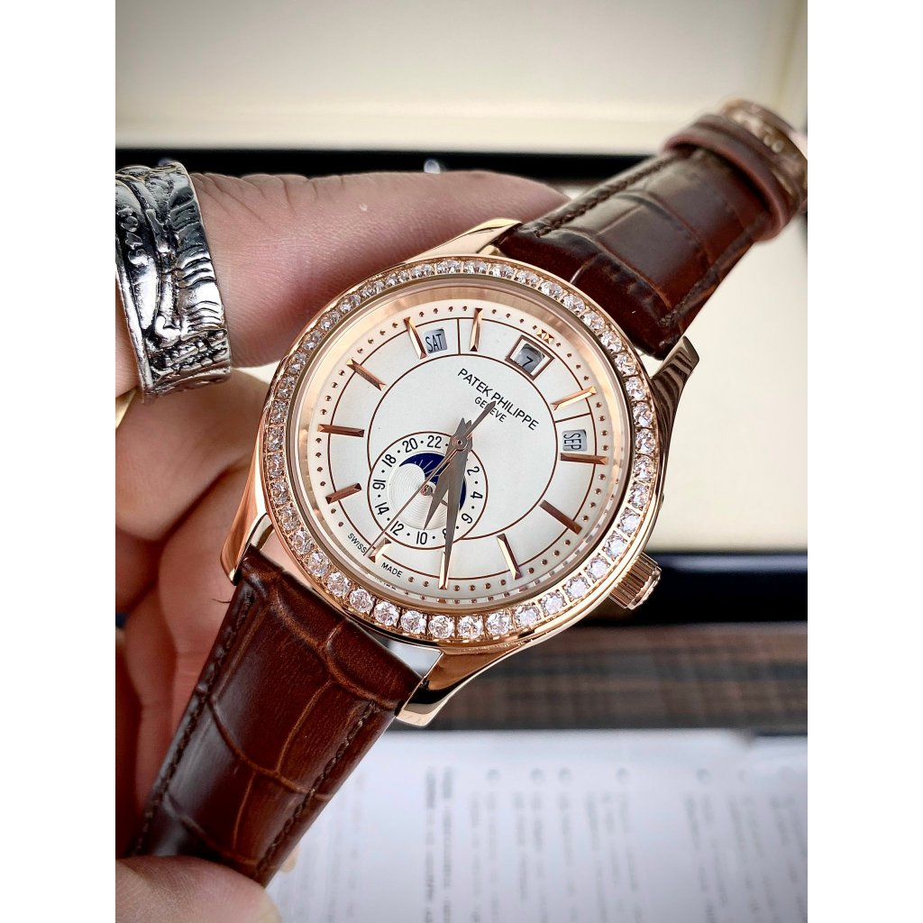 Đồng Hồ Nam Patek Complications Viền Đá Dây Da Nâu / Đen , Máy Automatic, Size 40mm