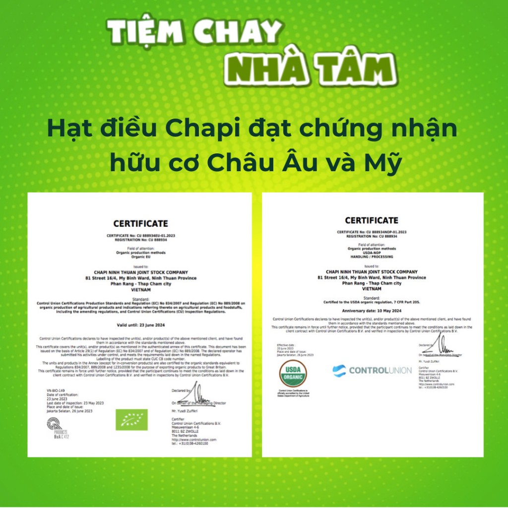 Hạt Điều Tươi Nhân Trắng hữu cơ đạt chứng nhận organic USDA và organic EU