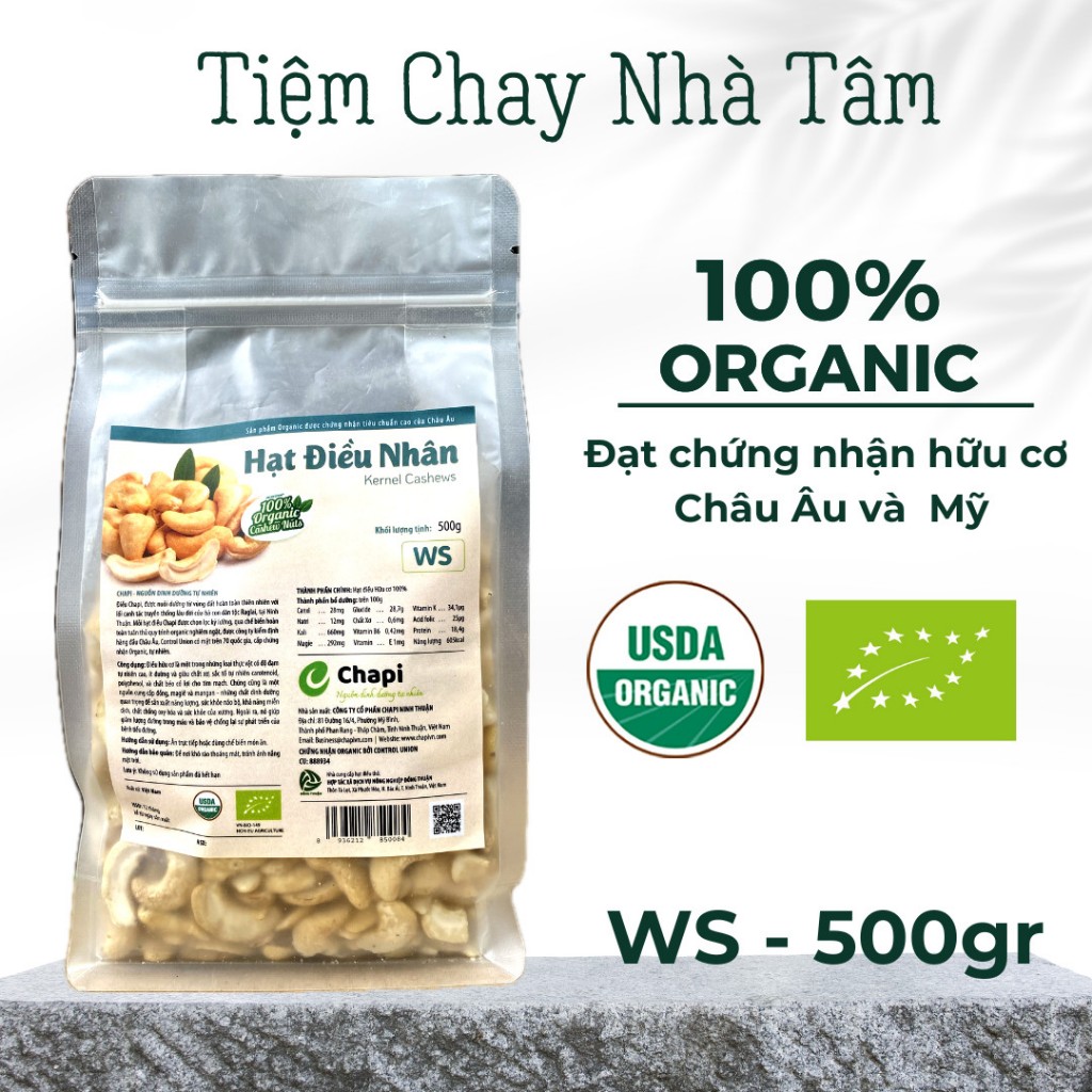 Hạt Điều Tươi Nhân Trắng hữu cơ đạt chứng nhận organic USDA và organic EU