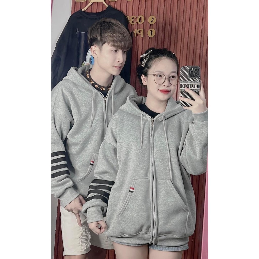 Áo Khoác Nam Nữ, Áo Khoác Chất Nỉ Kèm Mũ Unisex Phối Tay Vạch Thome 2 Màu Hot Trend