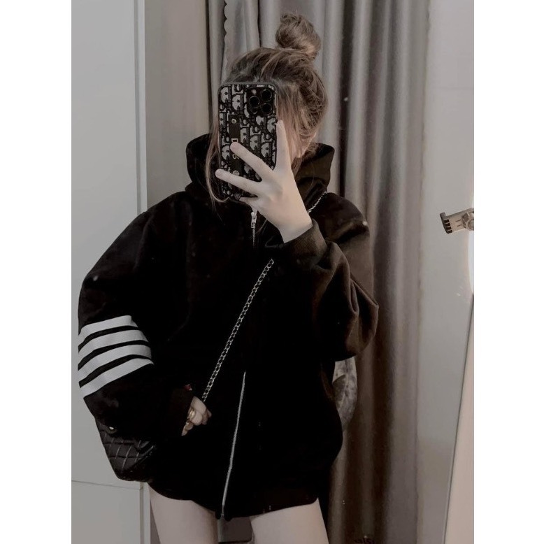 Áo Khoác Nam Nữ, Áo Khoác Chất Nỉ Kèm Mũ Unisex Phối Tay Vạch Thome 2 Màu Hot Trend