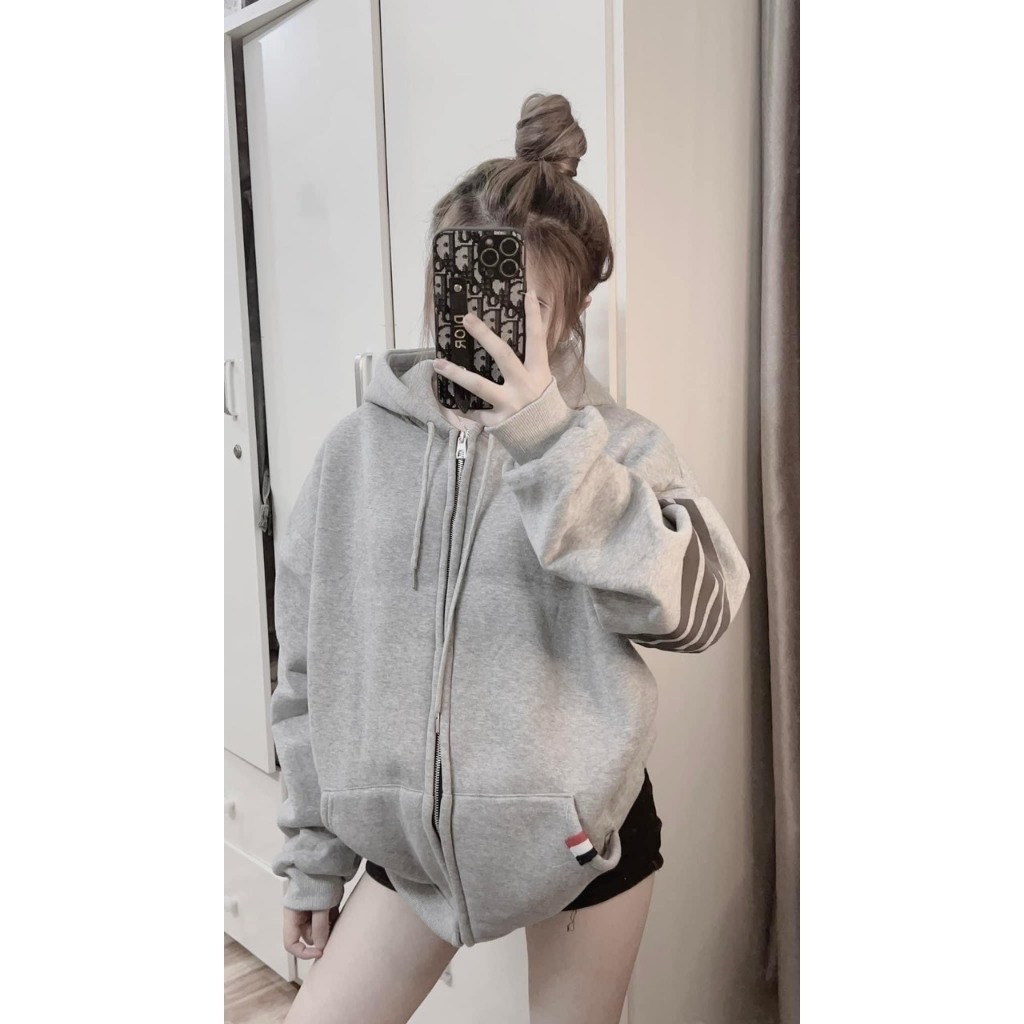 Áo Khoác Nam Nữ, Áo Khoác Chất Nỉ Kèm Mũ Unisex Phối Tay Vạch Thome 2 Màu Hot Trend