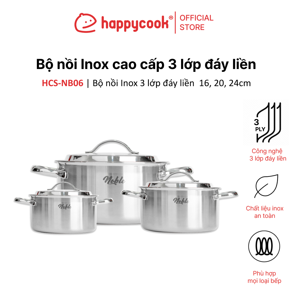 Bộ nồi Inox cao cấp 3 lớp đáy liền Noble, HAPPYCOOK