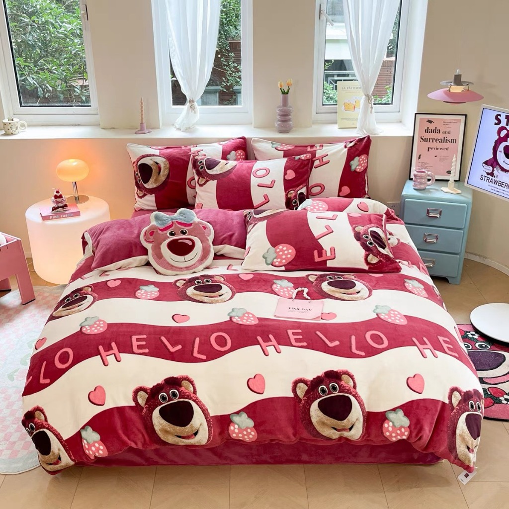 Bộ 4 Món Vỏ Chăn Ga Gối Nỉ Nhung Siêu Mịn Họa Tiết Disney Land