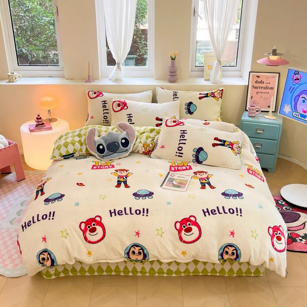 Bộ 4 Món Vỏ Chăn Ga Gối Nỉ Nhung Siêu Mịn Họa Tiết Disney Land