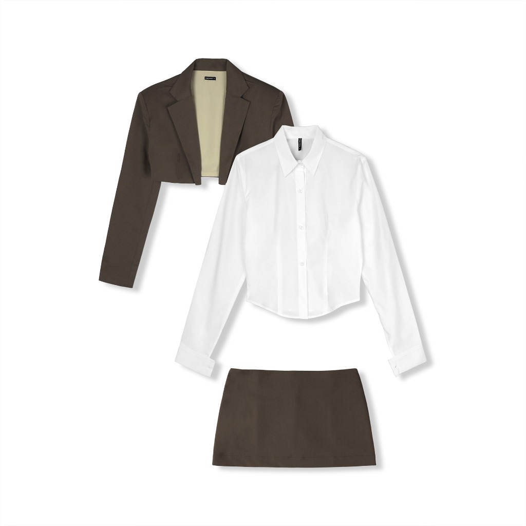 Set Nữ Shirt Crop Vest Miniskirt, Chất Vải Áo Cotton, Set Ngoài Kaki, WSB090, SOMEHOW