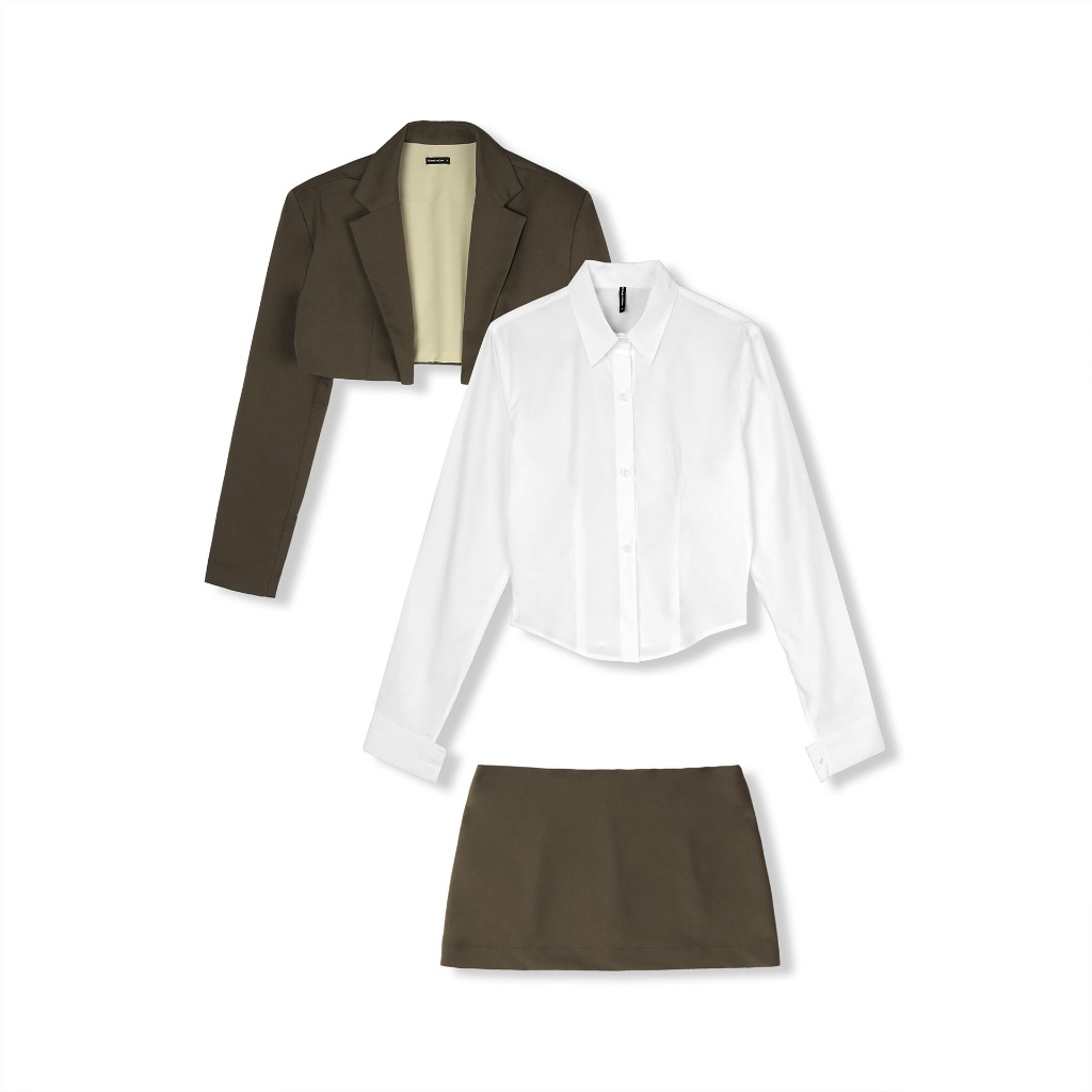 Set Nữ Shirt Crop Vest Miniskirt, Chất Vải Áo Cotton, Set Ngoài Kaki, WSB090, SOMEHOW