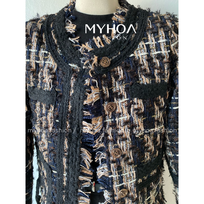 MYHOA| Áo Khoác Dạ Tweed Nữ Đen Pha Màu SDD QCCC