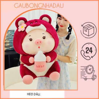Gấu bông Heo cosplay gấu dâu, Heo dâu ôm bình sữa lông mềm mịn cao cấp
