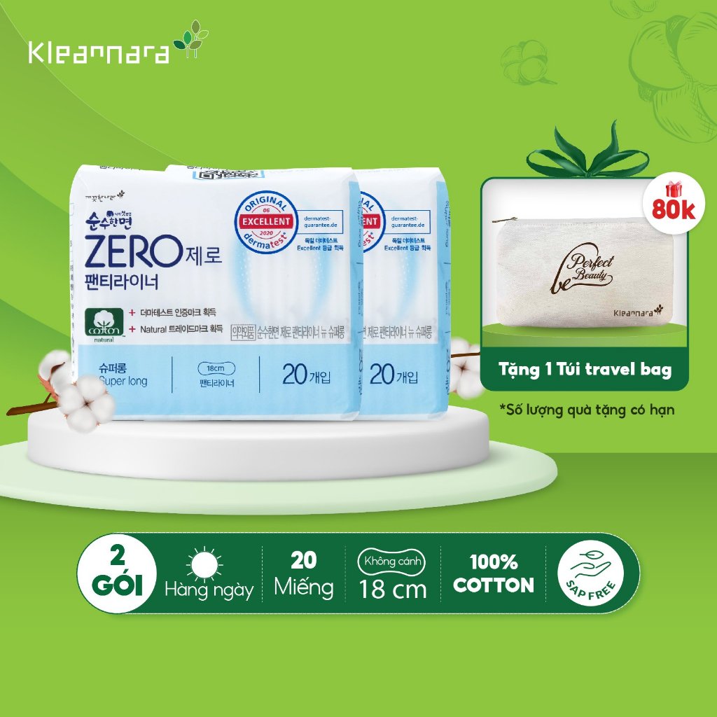 Combo 2 gói băng vệ sinh Kleannara Zero Hàn Quốc siêu êm thoáng hàng ngày 18cm - 20 miếng/gói không cánh