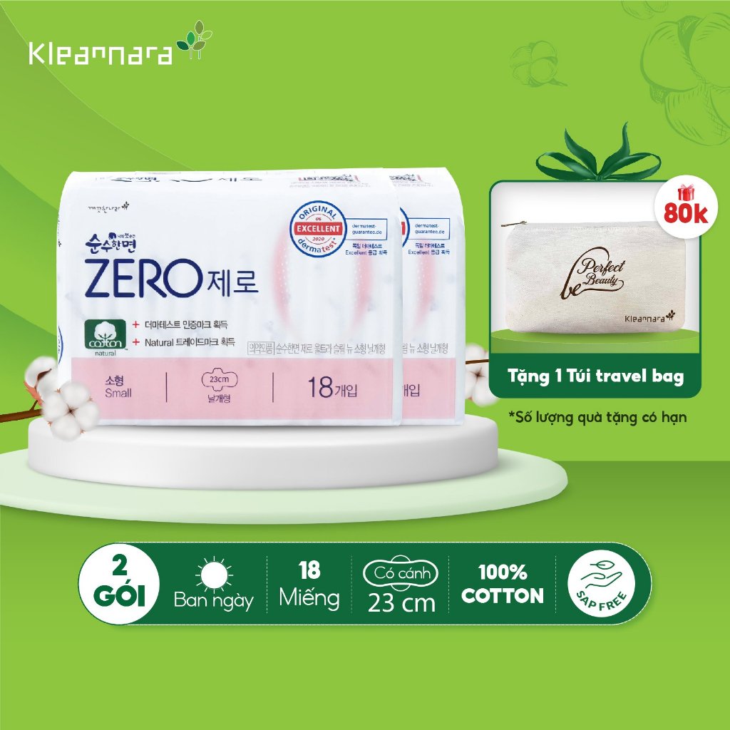 Combo 2 gói băng vệ sinh Kleannara Zero Hàn Quốc siêu êm thoáng ban ngày size S 23cm - 18 miếng/ gói có cánh