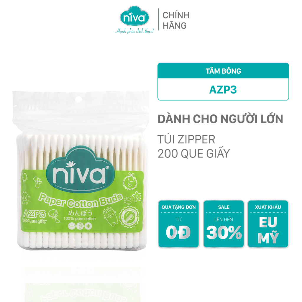 Tăm Bông NIVA Dành Cho Người Lớn Túi Zipper 200 Que Giấy Azp3