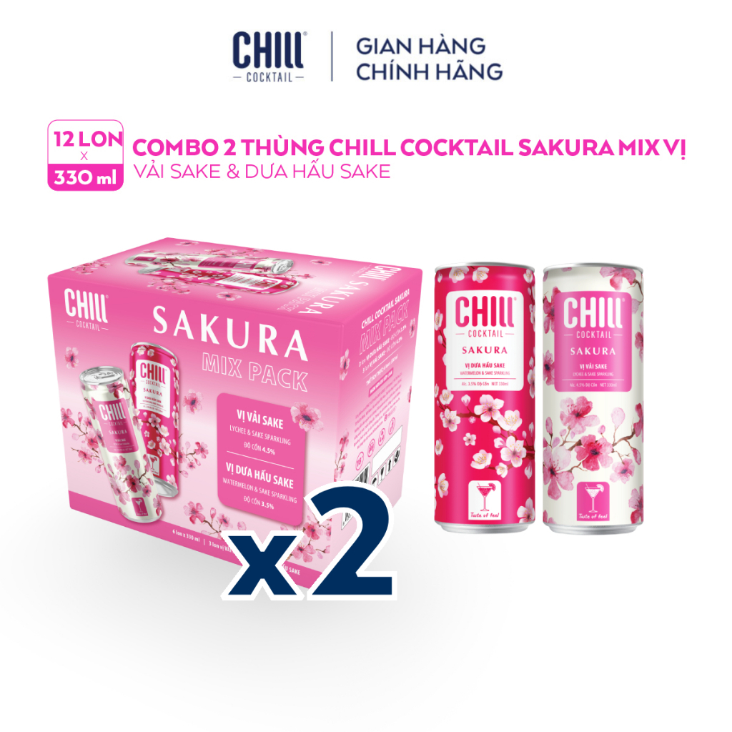 Combo 2 Thùng 6 lon Chill Cocktail Sakura mix vị Vải Sake & Dưa Hấu Sake (12 lon x 330ml/lon)