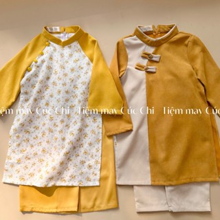 Bộ áo dài tết đôi Minh - Nguyệt cho bé trai bé gái TẶNG KÈM MẤN cho bé gái xinh xắn dễ thương