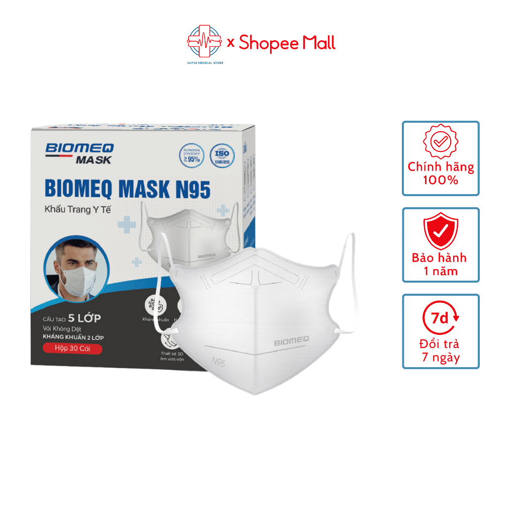 Hộp 30 chiếc khẩu trang BIOMEQ N95 CHÍNH HÃNG 5 lớp - KHÁNG KHUẨN - Huyle