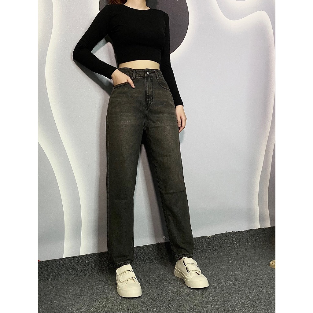 Quần baggy jeans nữ bigsize phối viền túi 2 màu xám/ xanh hợp thời trang, lưng cao, không giãn