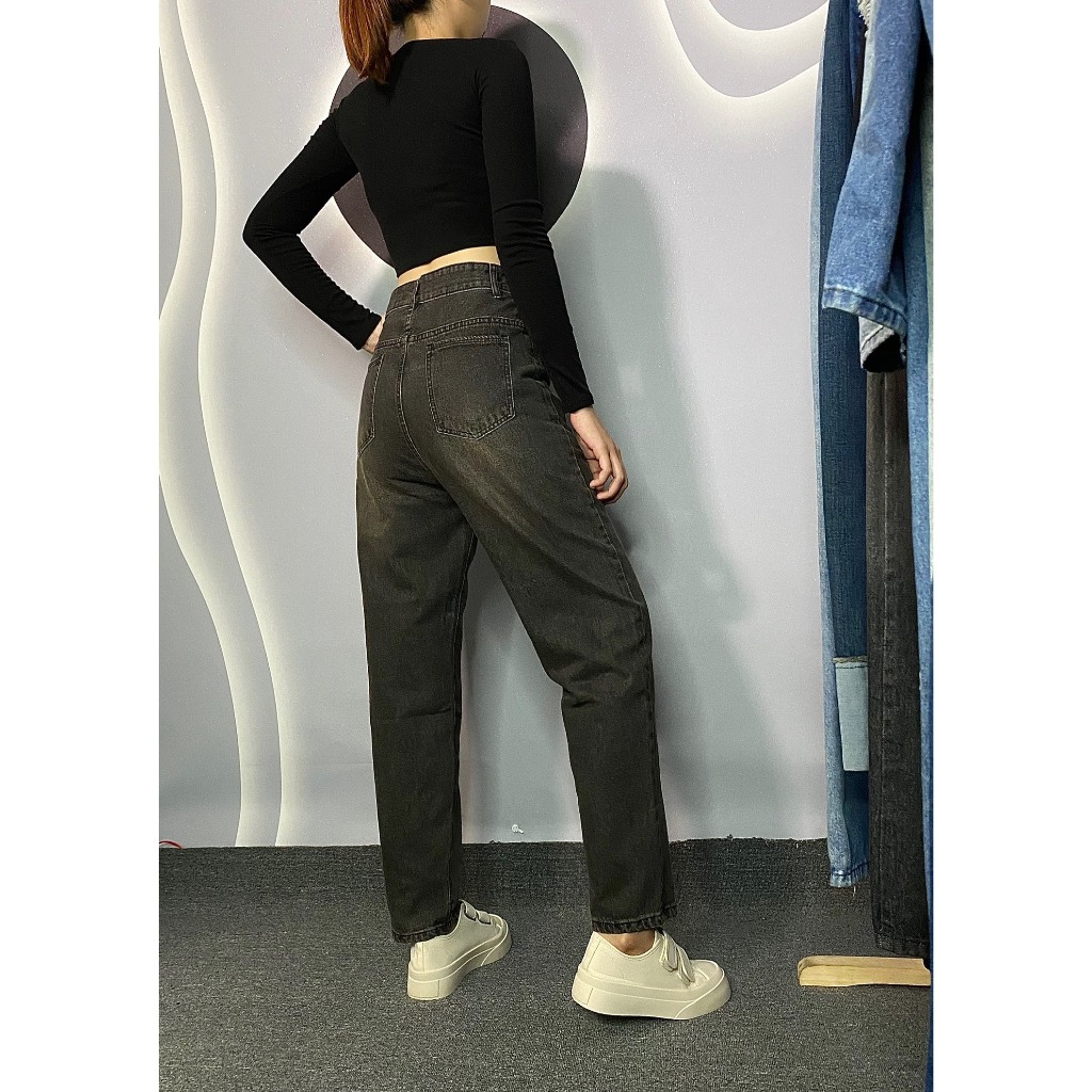 Quần baggy jeans nữ bigsize phối viền túi 2 màu xám/ xanh hợp thời trang, lưng cao, không giãn