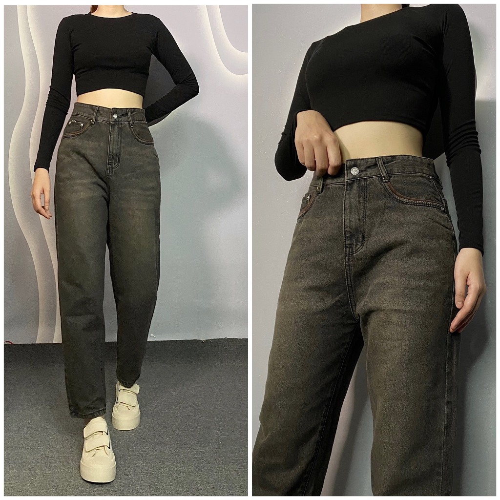 Quần baggy jeans nữ bigsize phối viền túi 2 màu xám/ xanh hợp thời trang, lưng cao, không giãn