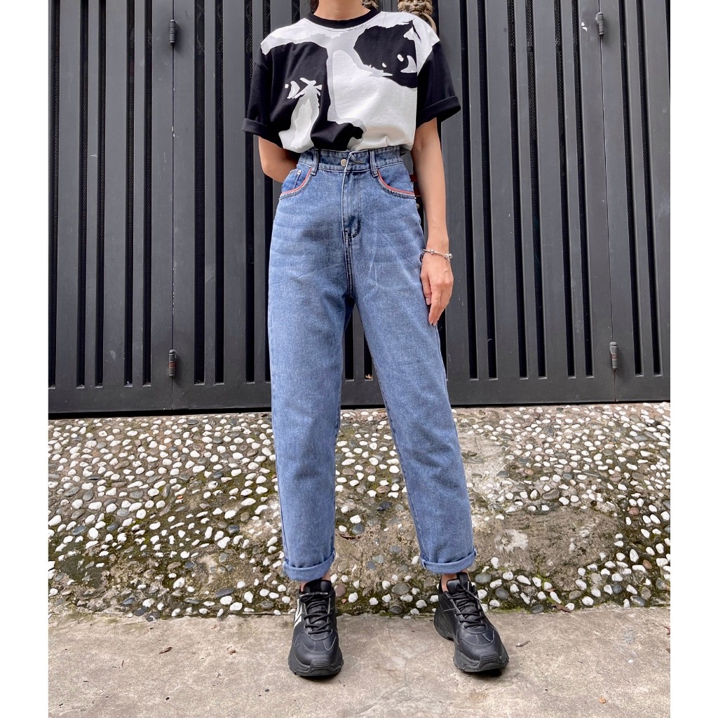 Quần baggy jeans nữ bigsize phối viền túi 2 màu xám/ xanh hợp thời trang, lưng cao, không giãn