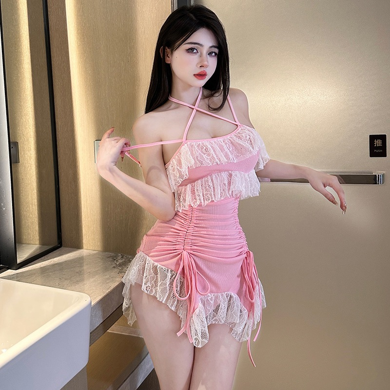 Váy ngủ nhún eo ren tầng HỒNG gợi cảm 2388