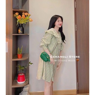 Đầm Váy thời thượng Dáng Babydoll Phối Sọc Caro Xanh Cổ Bèo Chất Thô Mềm Mịn Phối Nút Cài Dáng Xòe Siêu Dễ Thương