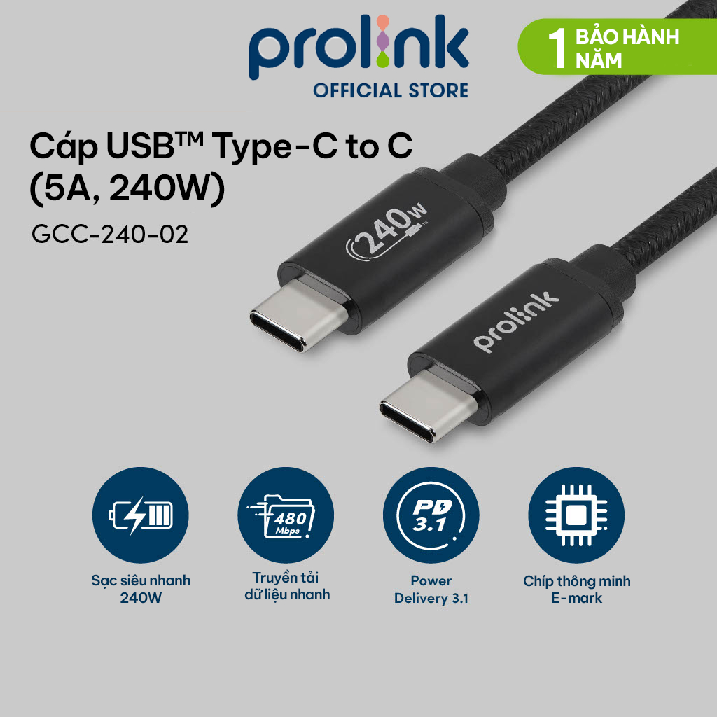Dây sạc type C to C PROLiNK GCC_240_02 dài 2M, sạc siêu nhanh 240W với chuẩn PD 3.1, truyền dữ liệu tốc độ cao 480Mbps