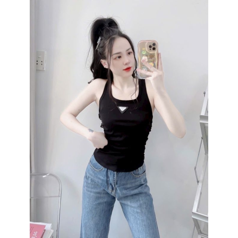 Áo ba lỗ nữ phom dài body nhúm thân Hp Fashiontrend, Áo nữ kiểu thun co giãn màu đen trắng tôn dáng sang chảnh G563