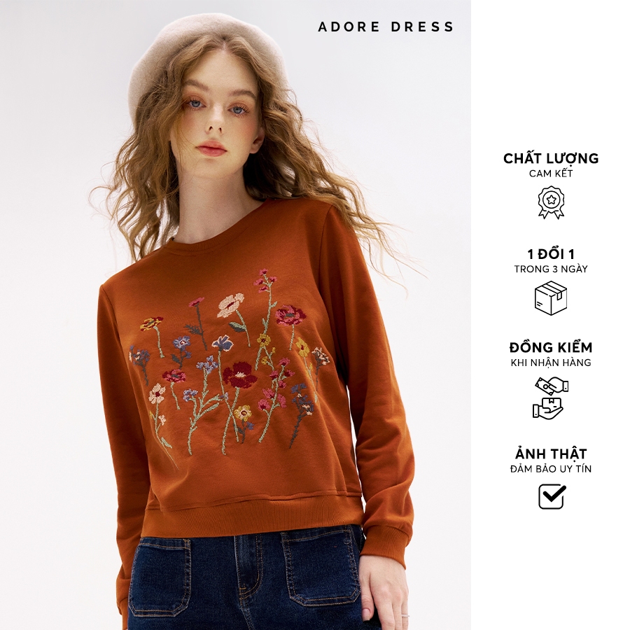 Áo nỉ Sweatshirts casual style da cá cam cháy thêu florals 312SW1006 ADORE DRESS