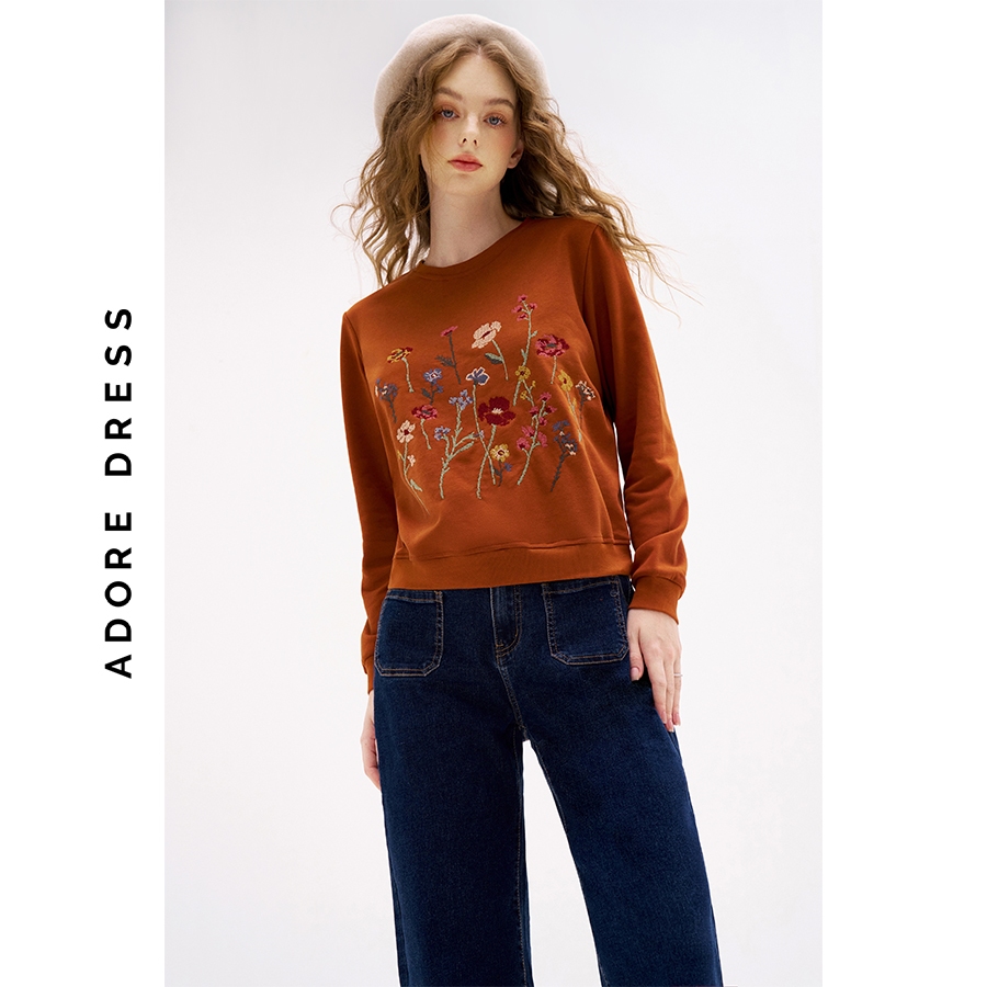 Áo nỉ Sweatshirts casual style da cá cam cháy thêu florals 312SW1006 ADORE DRESS