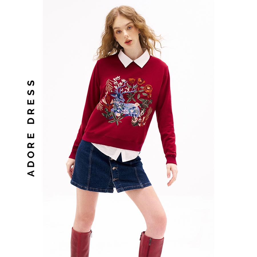 Áo nỉ Swearshirts casual style da cá đỏ đô thêu hươu 312SW1011 ADORE DRESS