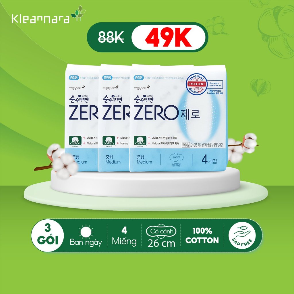 Combo 3 gói băng vệ sinh Kleannara Zero Hàn Quốc siêu êm thoáng ban ngày size M 26cm - 4 miếng/gói có cánh