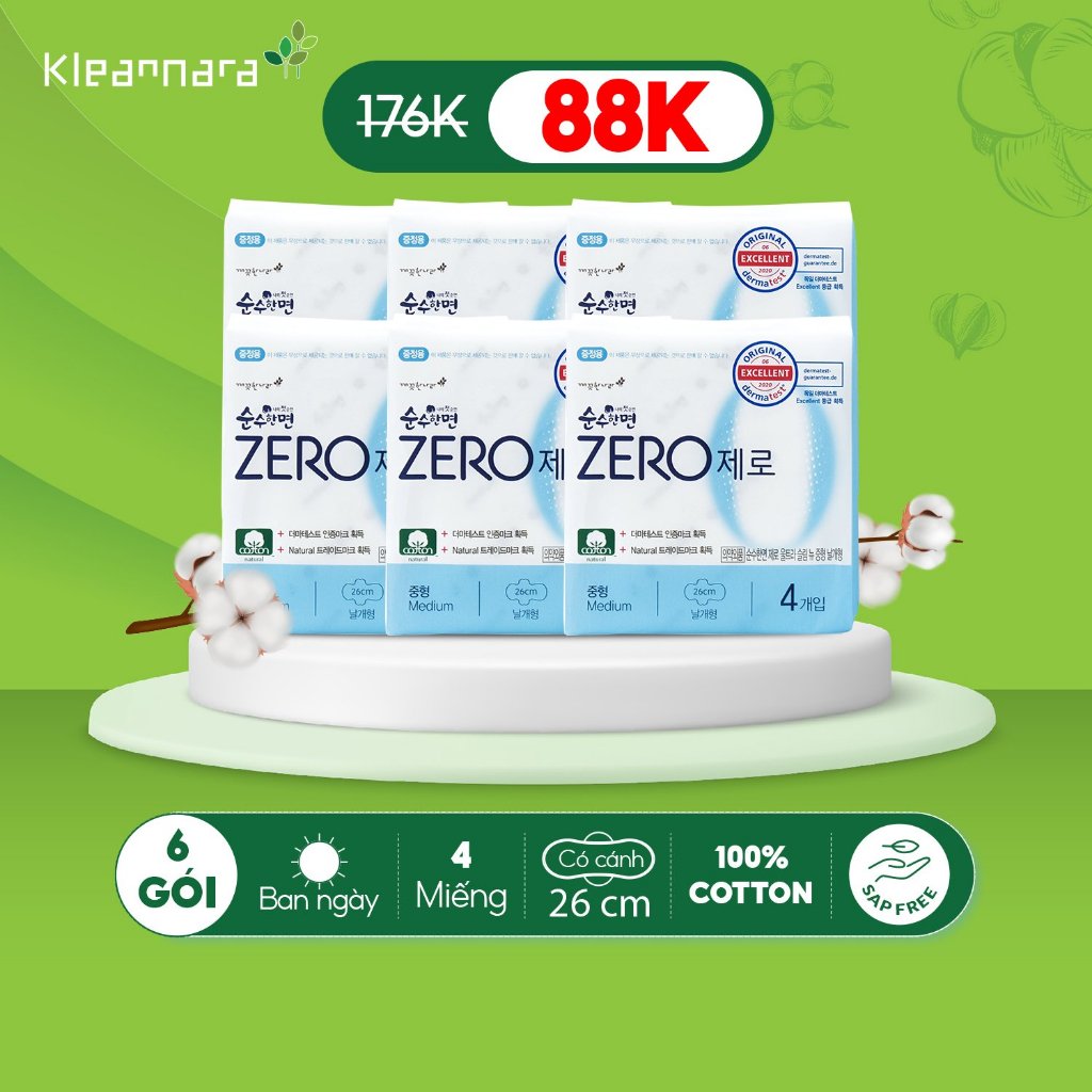 Combo 6 gói băng vệ sinh Kleannara Zero Hàn Quốc siêu êm thoáng ban ngày size M 26cm - 4 miếng/gói có cánh